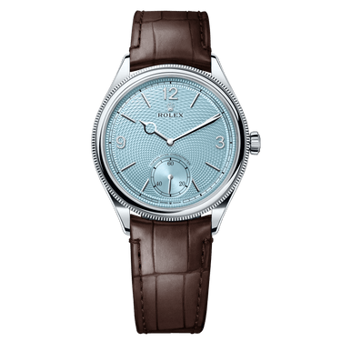 Rolex 1908 Ice Blue Motif Index Dial Leather Strap Reference 52506 Brown Alligator Strap - WatchesOff5thWatch